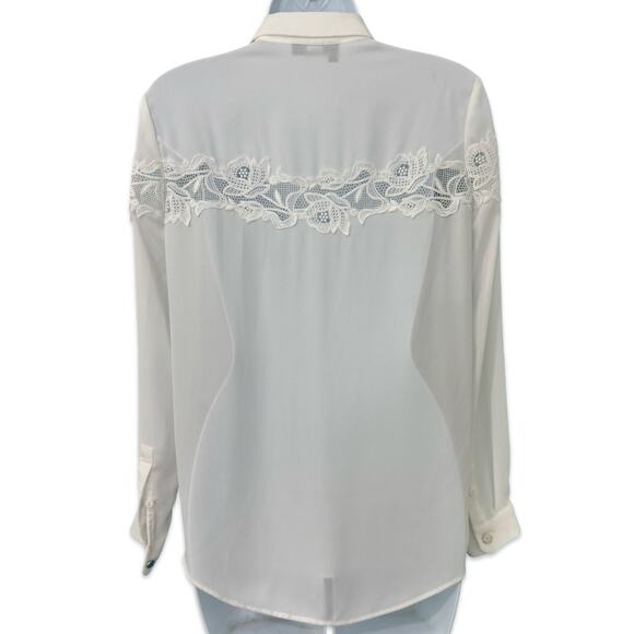 The Kooples White Floral Lace Crepe Long Sleeve Sheer Button Down Blouse Sz XS - Picture 8 of 13